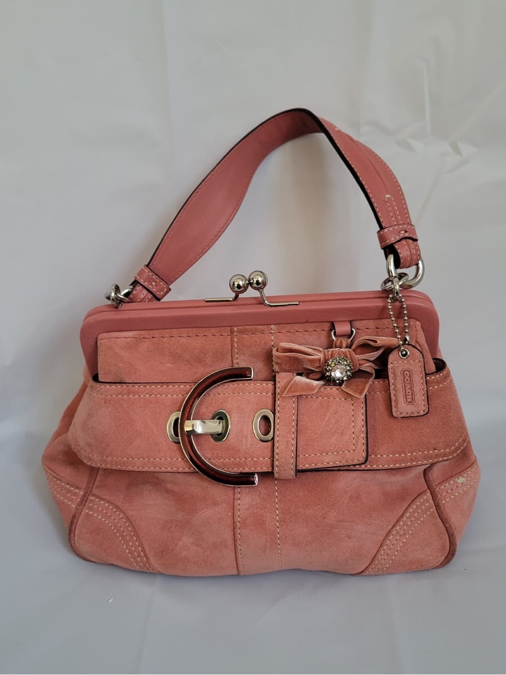Coach Rose Pink Suede Buckle-Front Shoulder Bag